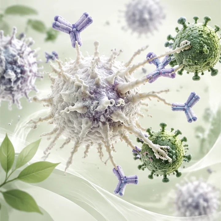 Immune cell, antibodies and pathogens illustration for Immunology
