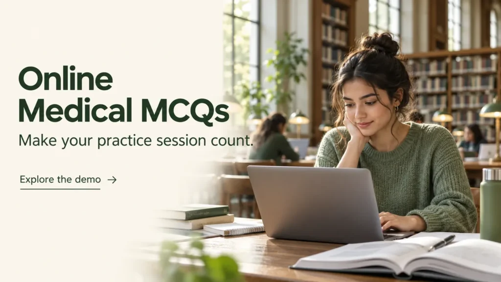 Healthcare student preparing online medical MCQs on a laptop for a focused practice session