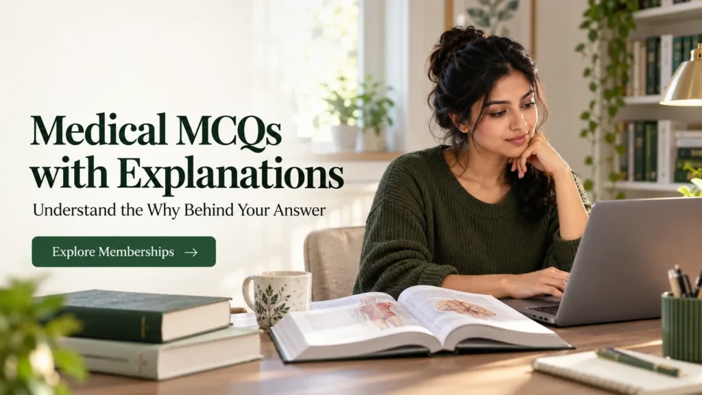 Healthcare student using medical MCQs with explanations to review answers on a laptop