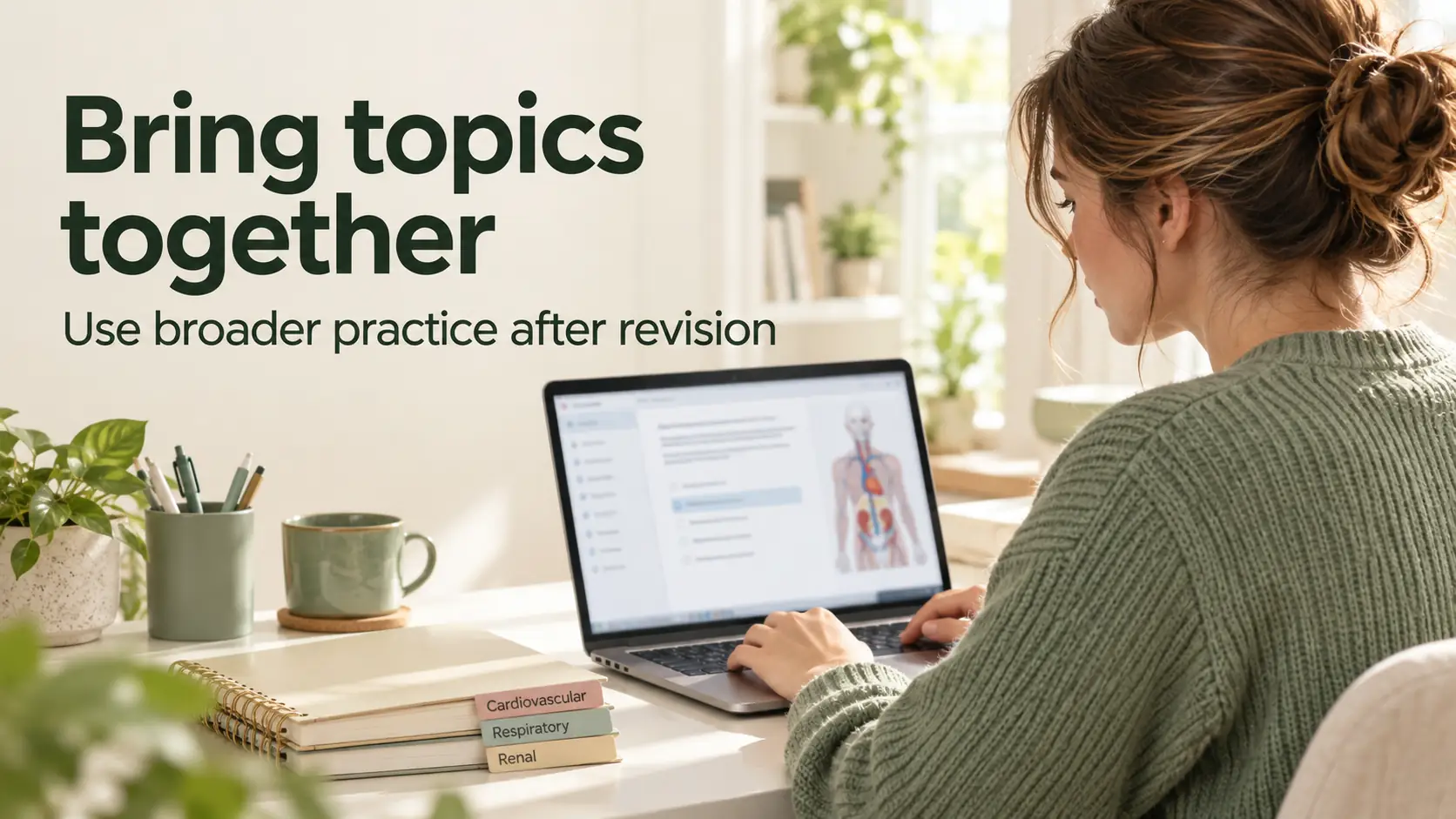 Healthcare student combining cardiovascular, respiratory and renal physiology topics during broader question practice
