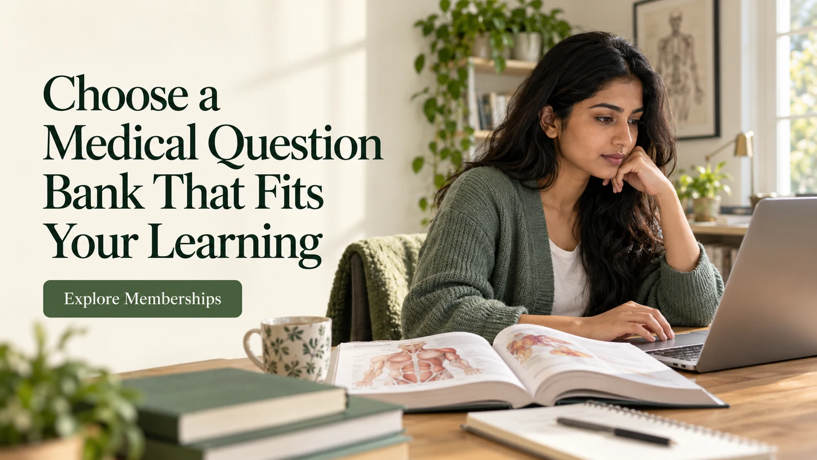 Healthcare student comparing a medical question bank at a laptop beside an anatomy textbook