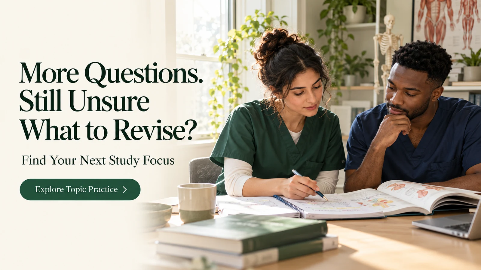 Two healthcare students reviewing notes to identify the next topic to practise