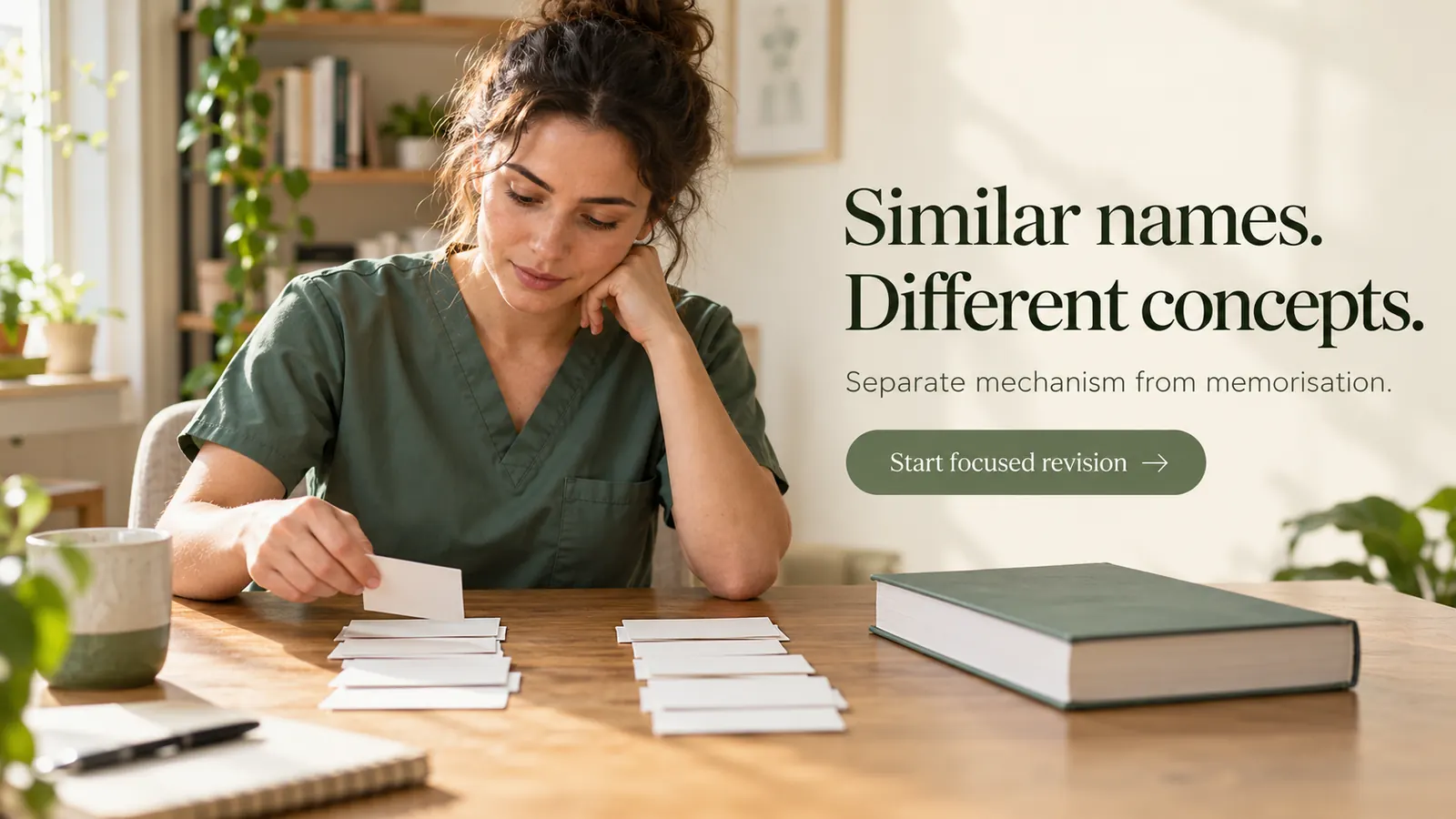 Healthcare student comparing groups of study cards during pharmacology revision