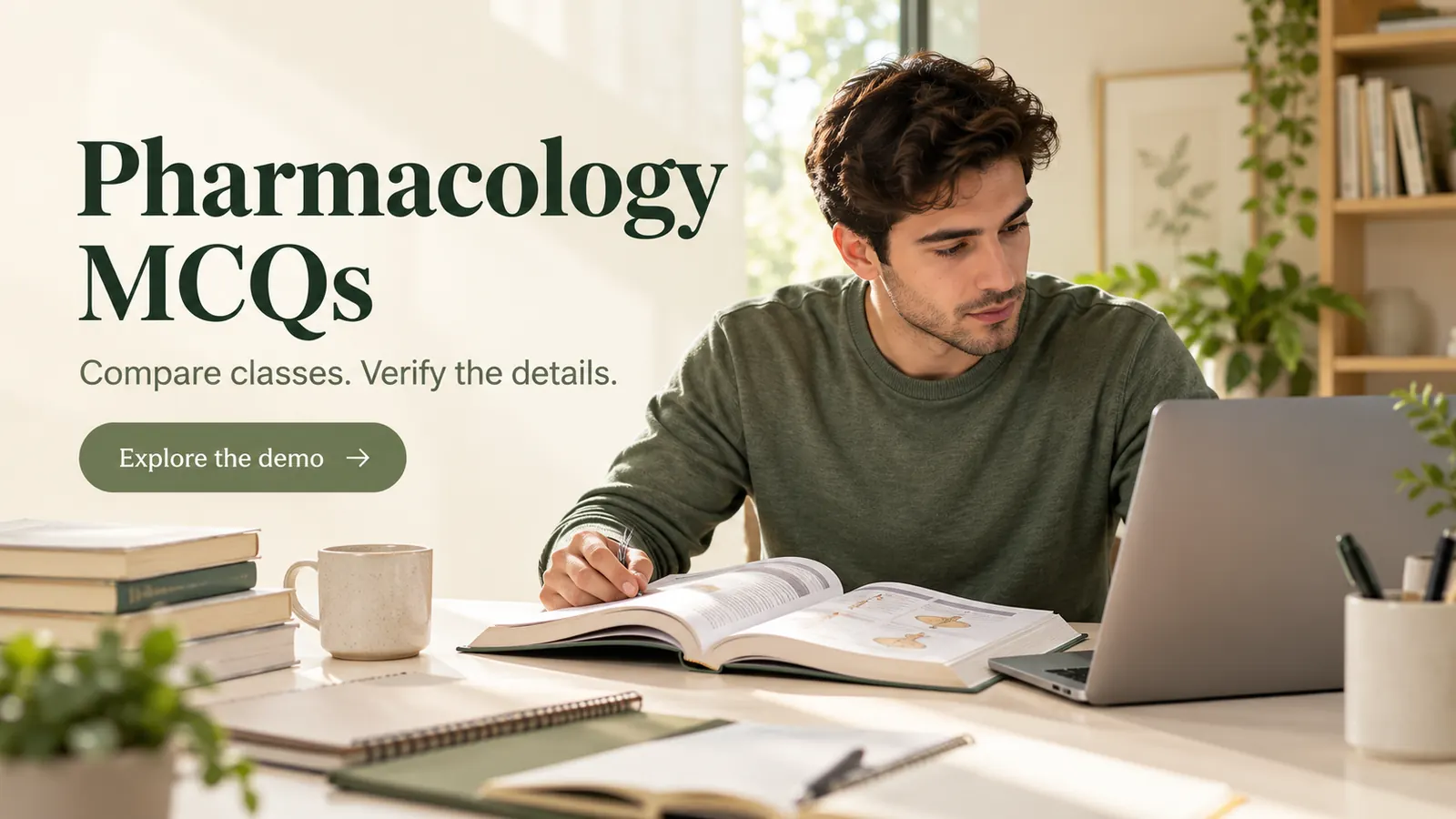 Adult healthcare learner studying Pharmacology MCQs beside a textbook and laptop