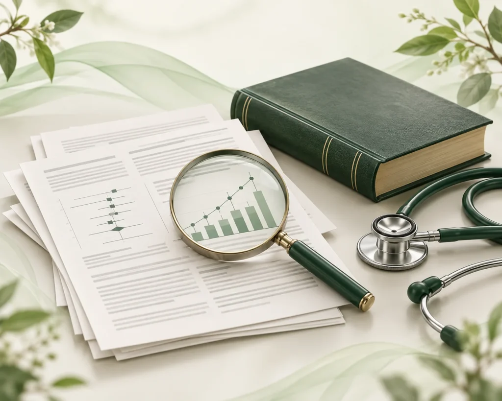 Evidence-Based Practice subject illustration showing research papers, critical appraisal and clinical tools