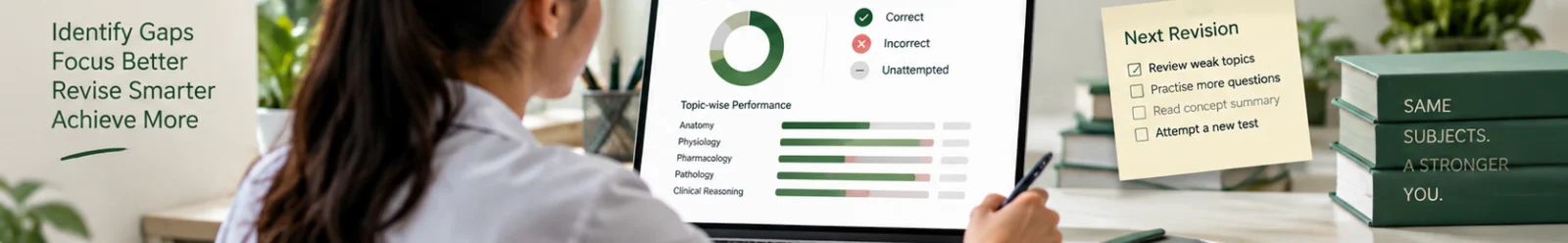 MCQ performance analysis showing weak topics and targeted healthcare revision