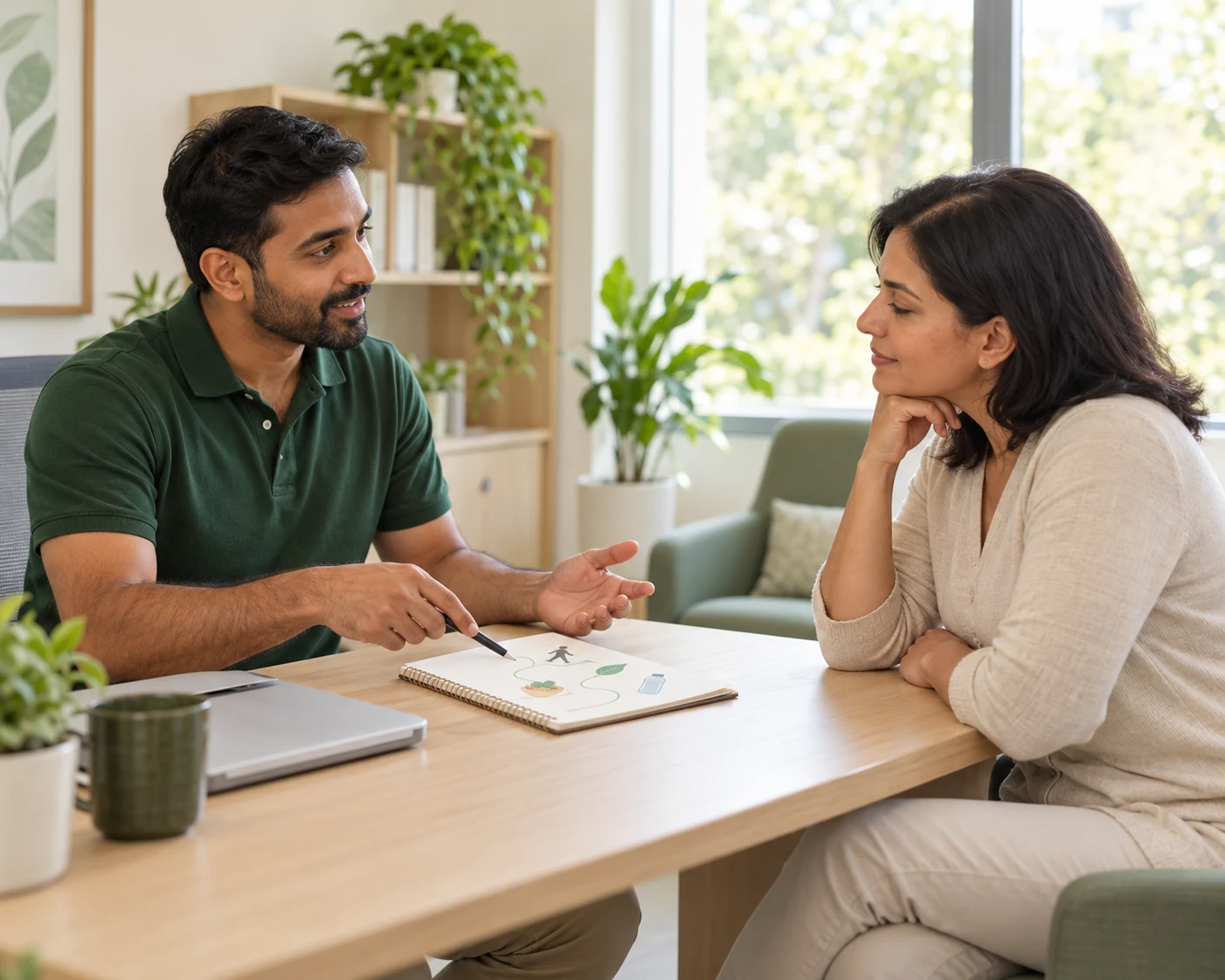Healthcare educator discussing healthy daily habits with an adult in a bright counselling space.