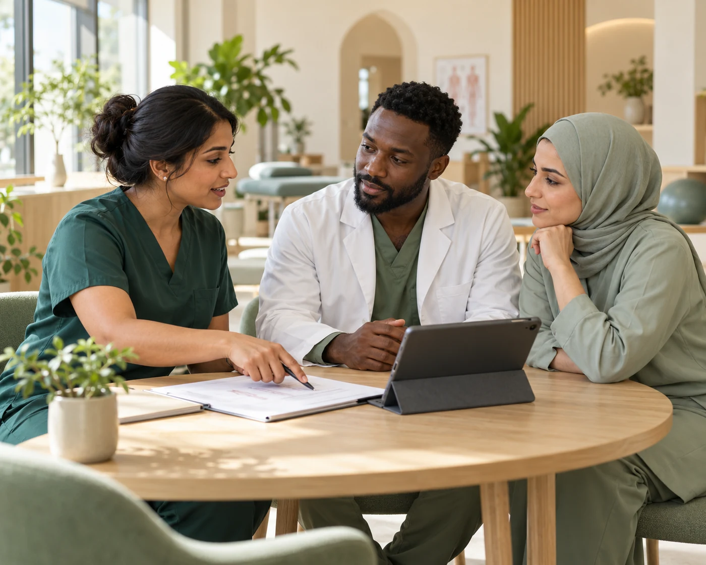 Three healthcare professionals collaborating on a care plan in a modern clinic.