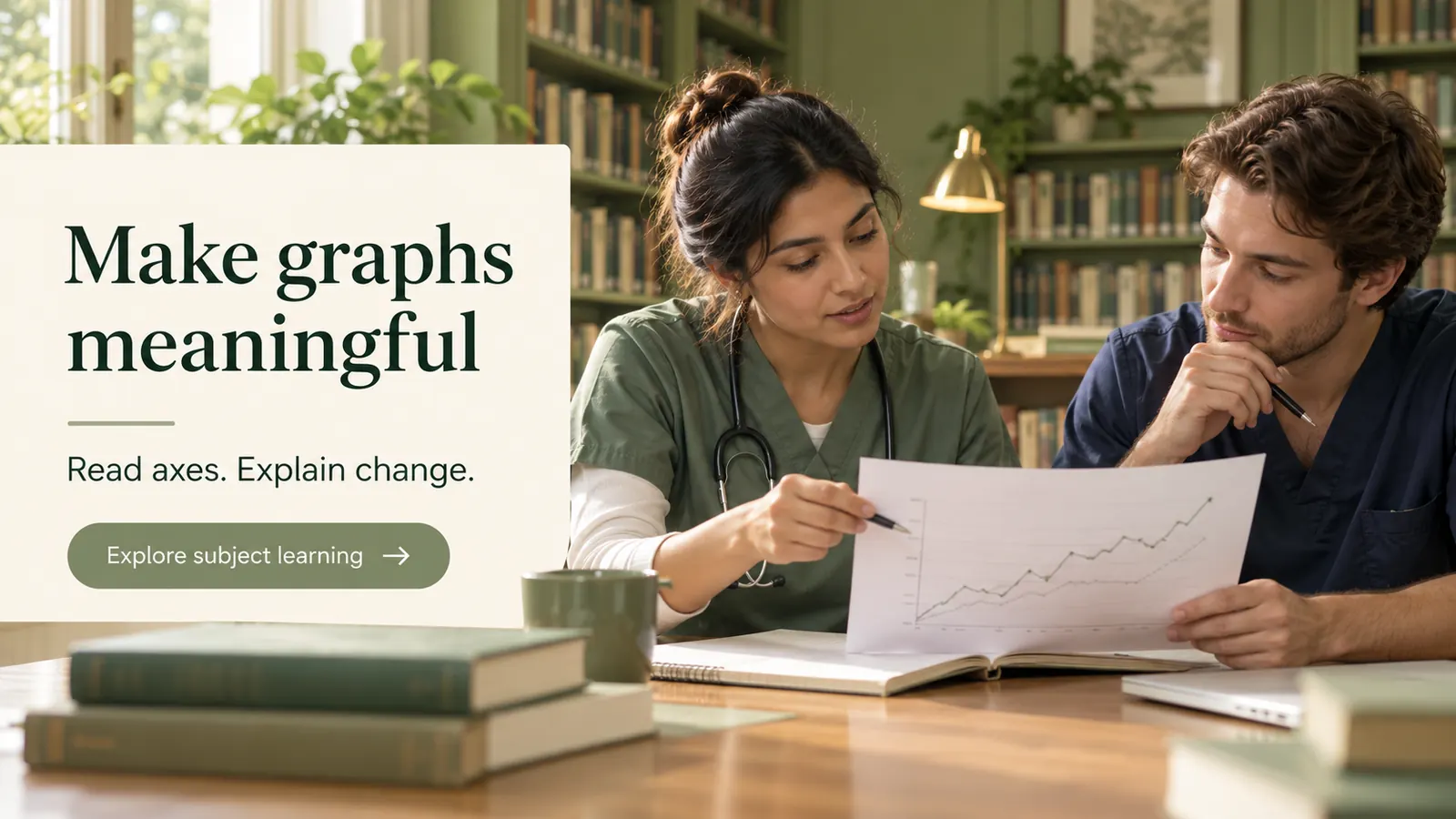 Two adult healthcare learners discussing a line graph during physiology revision