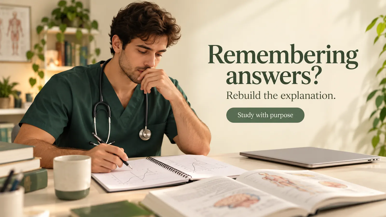 Adult healthcare student reviewing an uncertain physiology explanation beside study notes