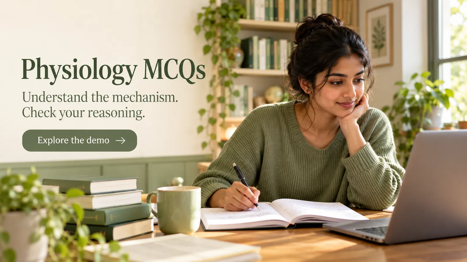 Adult healthcare learner studying Physiology MCQs with a laptop and notebook at a library desk