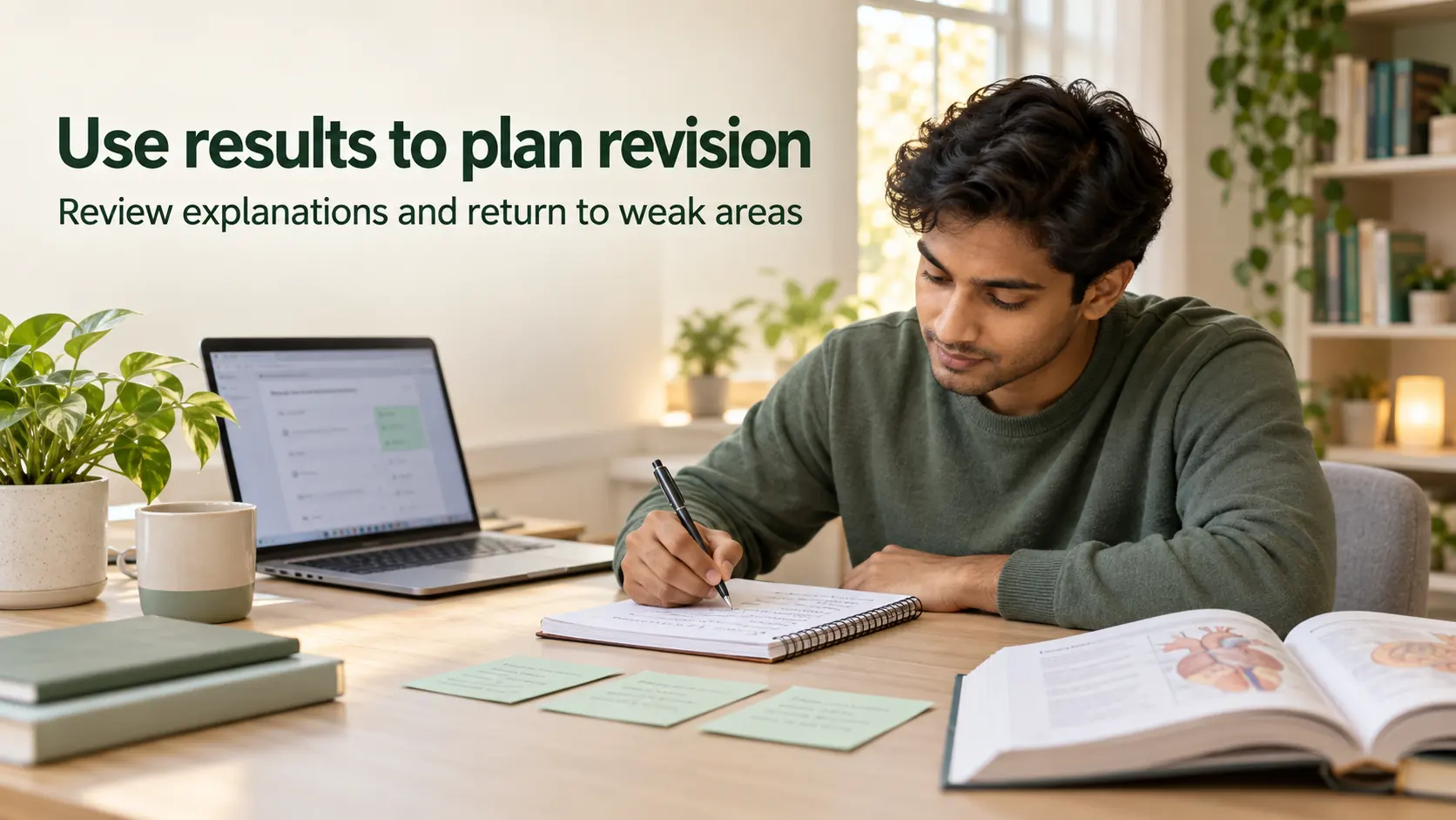 Medical student reviewing quiz explanations and planning revision with a notebook