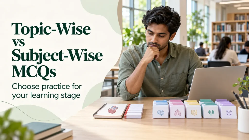 Medical student comparing topic-wise vs subject-wise MCQs using focused and broader sets of study cards