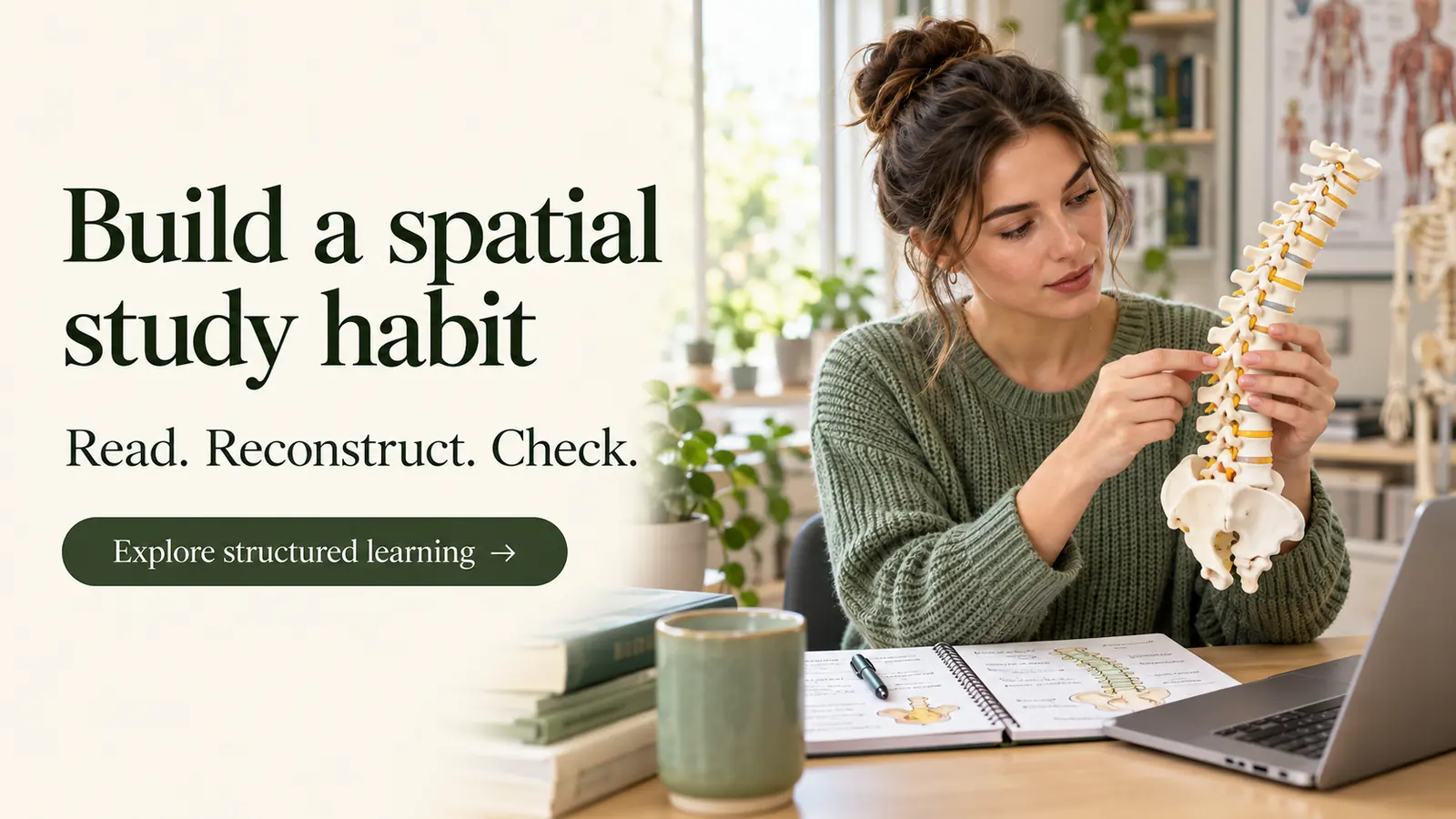 Healthcare learner exploring a vertebral model beside study notes