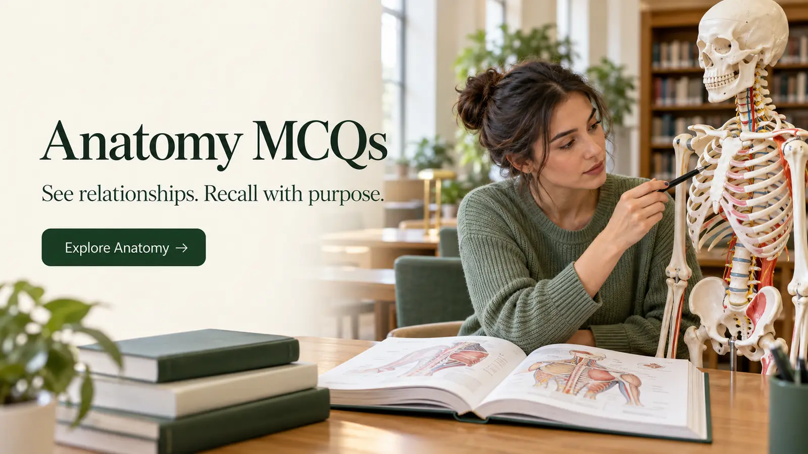 Healthcare learner studying Anatomy MCQs beside an atlas and a skeleton model