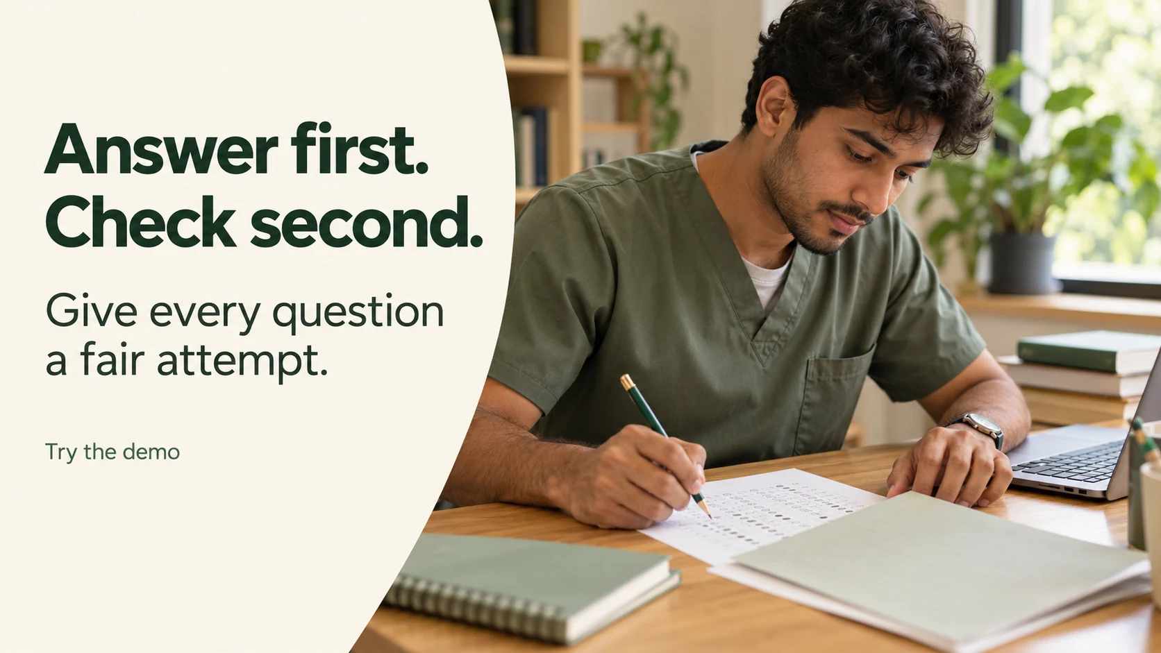 Healthcare learner preparing an answer before checking the key