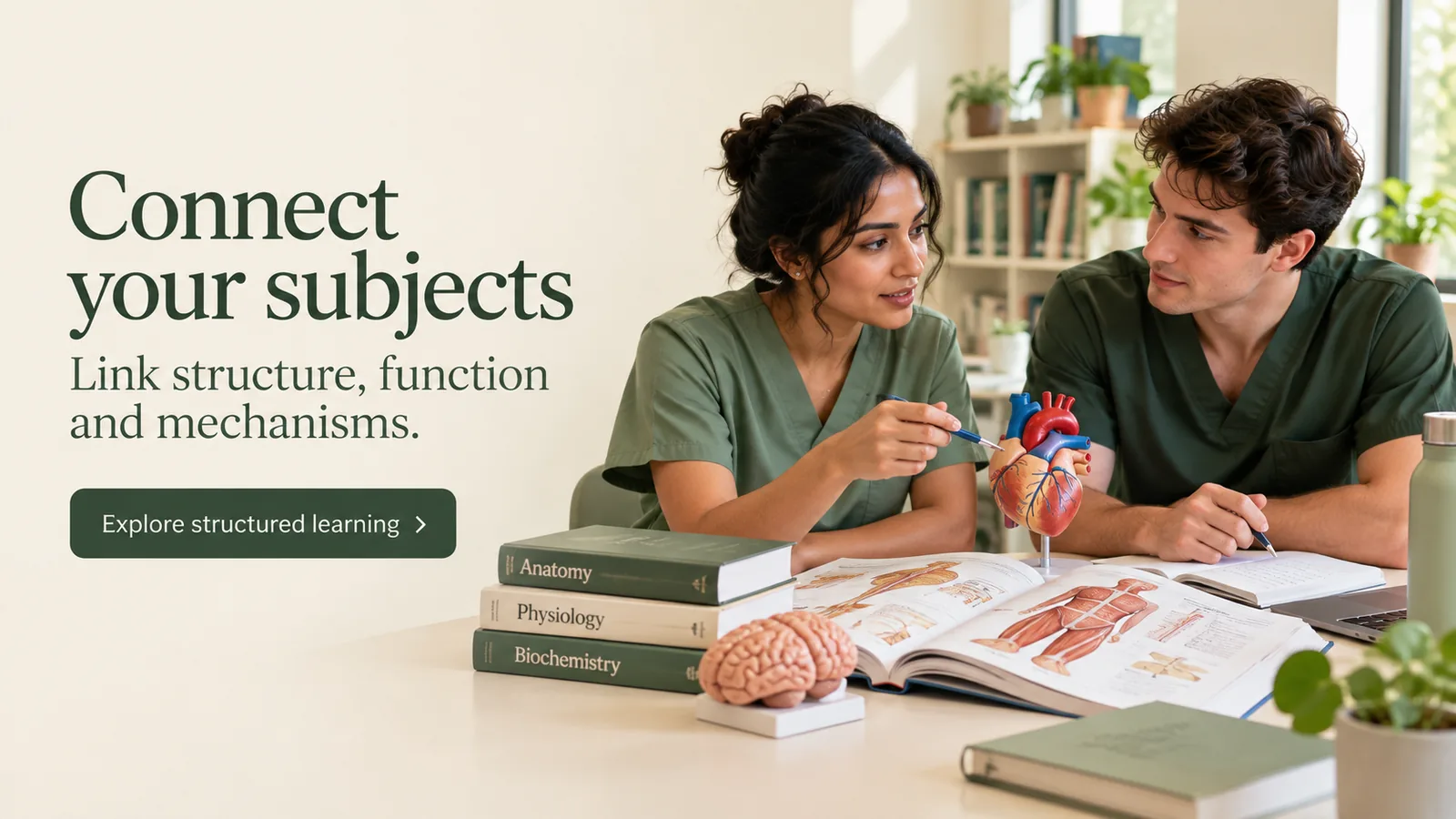 Two adult medical learners connecting subjects with books and anatomical study models