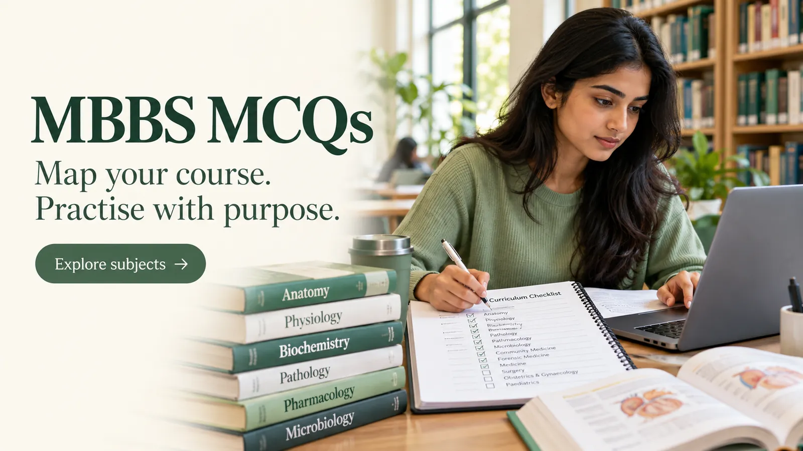 Adult learner matching MBBS MCQs practice to a curriculum checklist at a library desk