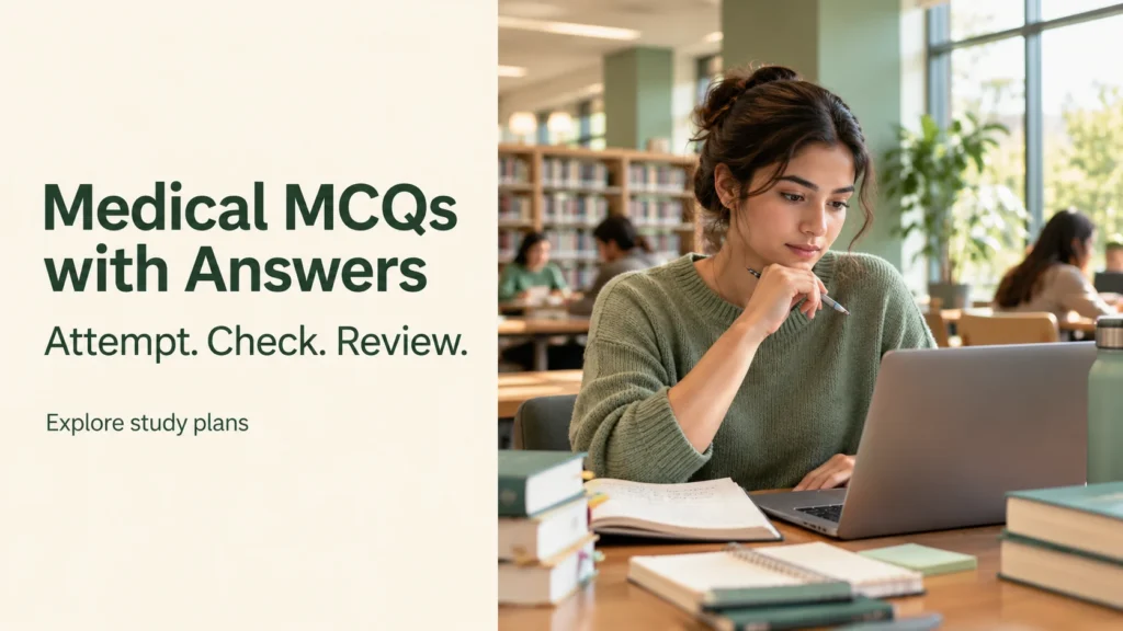 Adult healthcare student using a laptop for medical MCQ self-assessment, with the words Medical MCQs with Answers