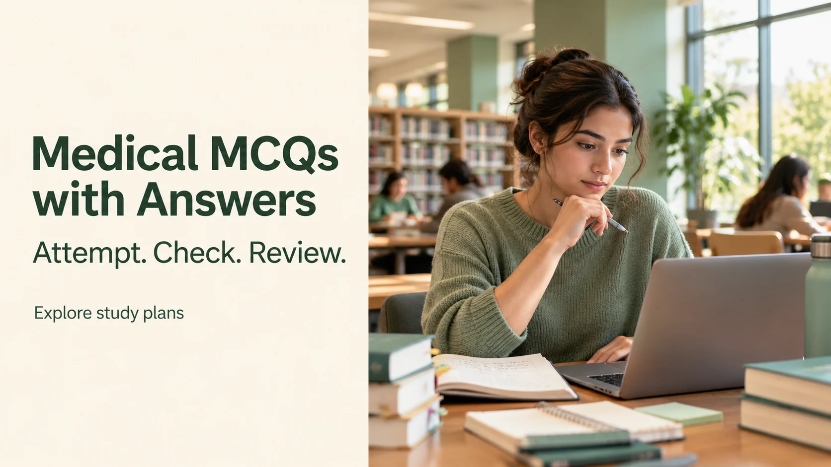 Adult healthcare student using a laptop for medical MCQ self-assessment, with the words Medical MCQs with Answers