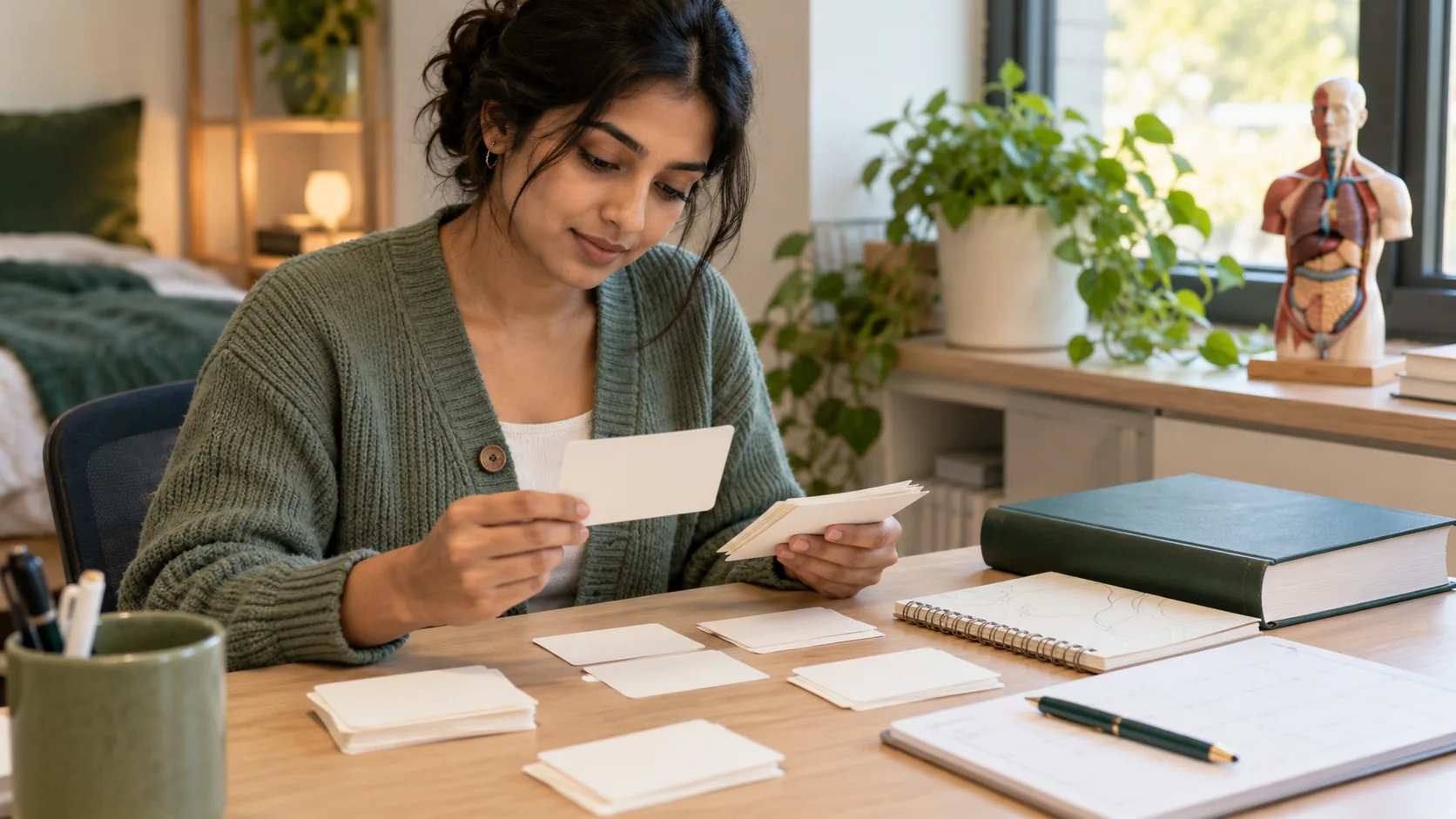Medical student reviews flashcards beside a planner to organise later revision sessions