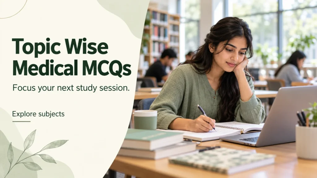 Adult healthcare learner planning topic wise medical MCQ practice, with a sage and cream study banner