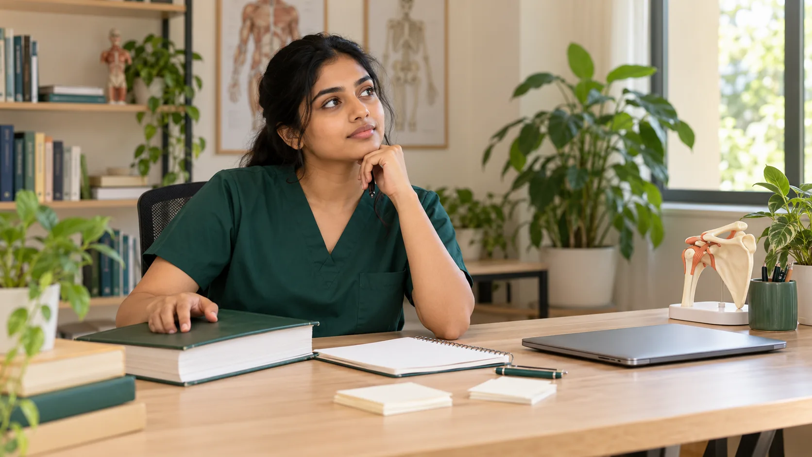 Medical student pauses after closing a textbook to recall what she has studied
